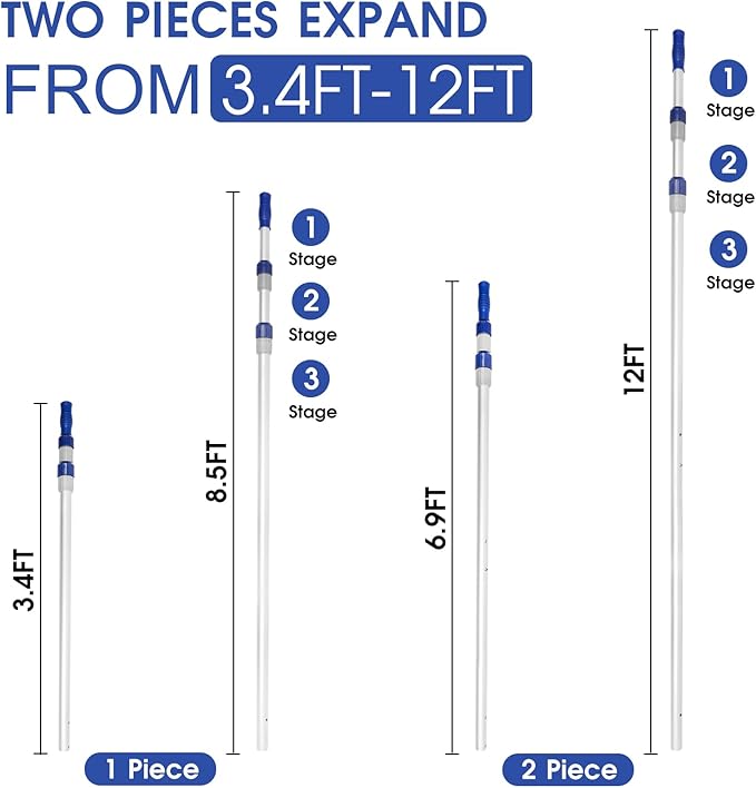 Poolvio 12 FT Telescopic Swimming Pool Pole - Adjustable 2 Piece Aluminum Pool Pole for Pool Cleaning Skimmer Nets Vacuum Heads & Brushes, Strong Grip & Lock