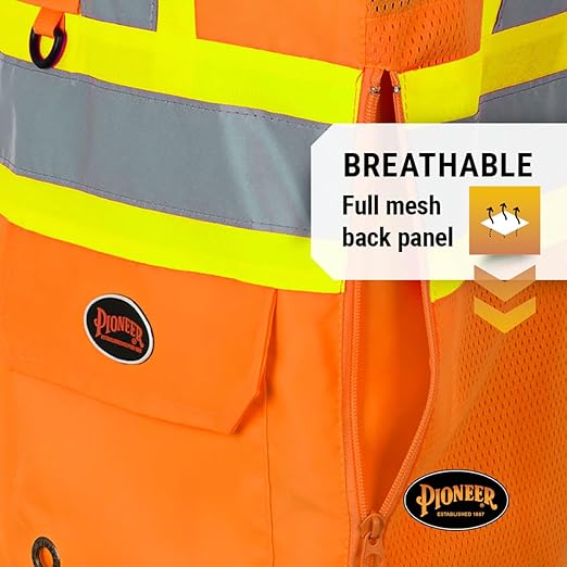 Pioneer Safety Vest for Men – Hi Vis Reflective Neon, Cool Mesh Back Panel, 12 Pockets, Zipper for Surveyor Work – Orange, Yellow/Green