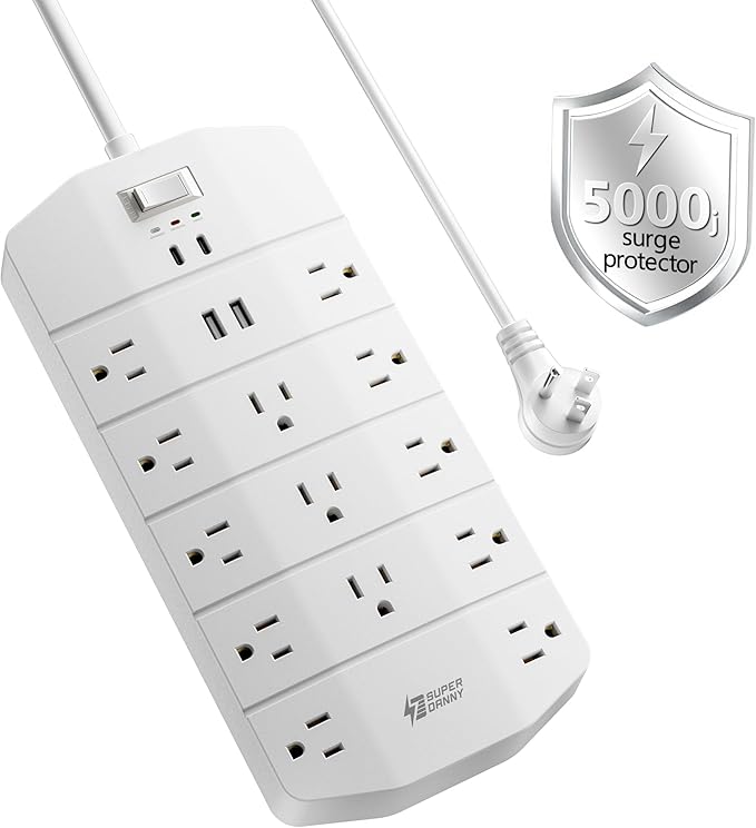 Power Strip,SUPERDANNY 5000 Joules Surge Protector with 13 AC Outlets 2 USB-A & 2 USB-C PD 20W Fast Charging Heavy Duty 14AWG/3C Industrial Grade 6ft Extension Cord for Workbench Home Office White