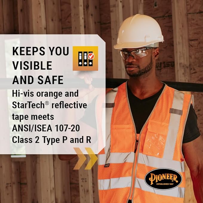 Pioneer Hi Vis Safety Vest for Men & Women - Reflective Cooling Mesh - 8 Pockets - Class 2 - Construction, Traffic, Security