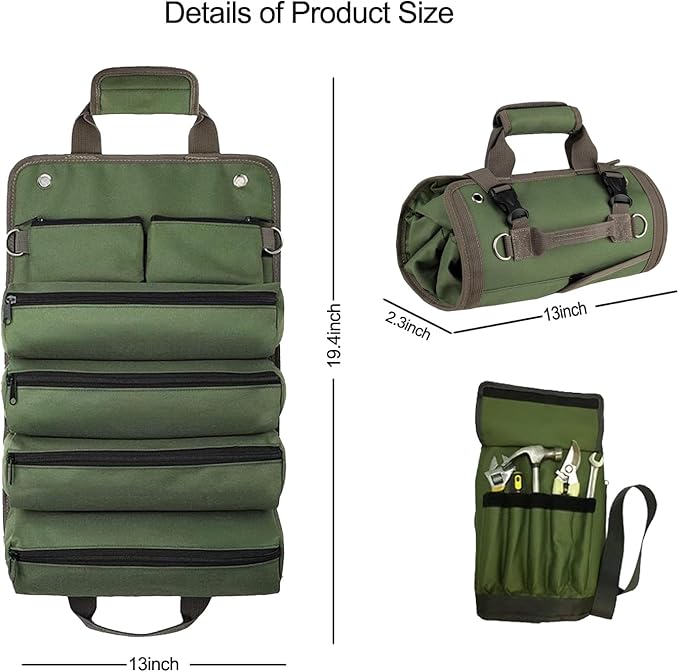 Upgraded Heavy Duty Tool Roll Up Bag Organizer with 6 Zipper Pockets - Canvas Wrench Pouch for Mechanic & Electrician, Car Seat Back Hanging Storage for Truck Jeep RV, Waterproof Emergency Gear Case