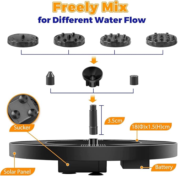 Solar Bird Bath Fountain Pump, 2025 Upgrade 2.5W Solar Fountain with 6 Nozzle, Standing Floating Powered Water Pump for Bird Bath, Garden, Pond, Pool, Outdoor