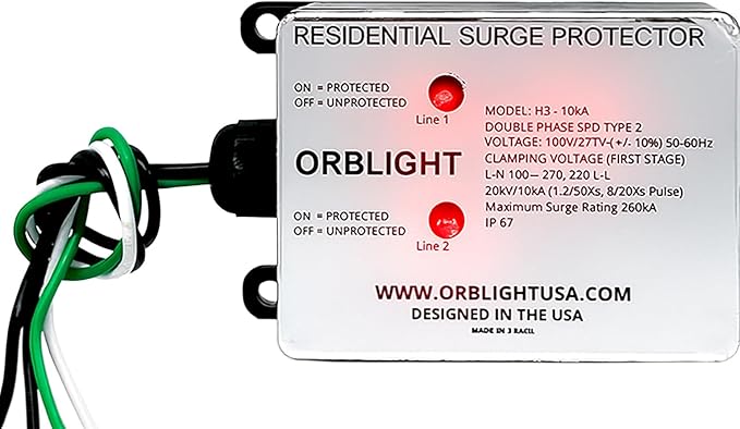 ORBLIGHT Whole House Surge Protector, 260kA, EMP, Lightning, Solar Flare, CME & Power Surge Protection, Shield Technology, IP67 Waterproof, Heavy-Duty Home Electrical Panel Device