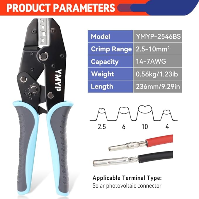 Solar PV Cable Connectors Crimping Tool - Ratcheting Wire Crimper - AWG 14-8 (2.5-1.0mm²) - Electrical Crimping Tool