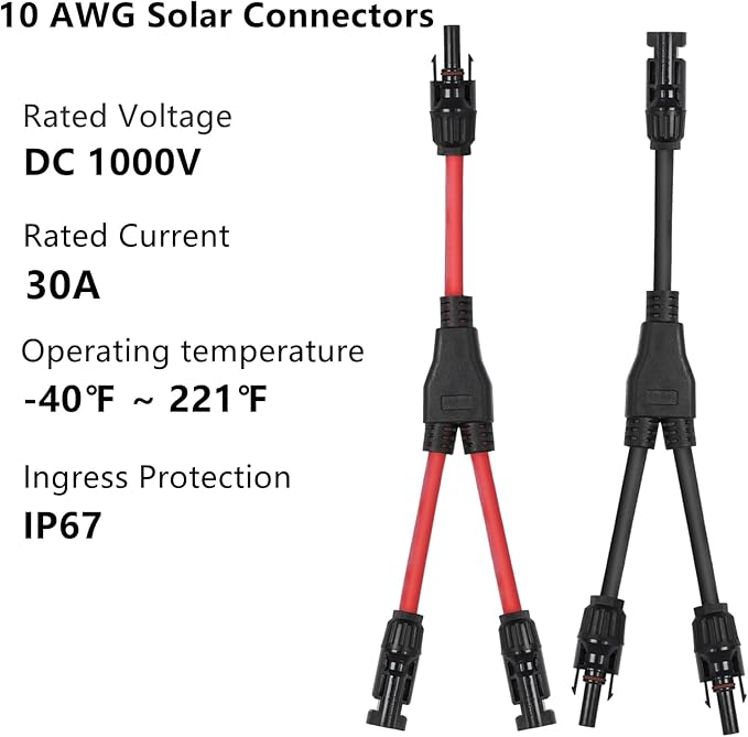 2 Pairs of 2 to 1 Solar Panel Connectors Y Branch Universal 10 AWG Solar Connectors (Red & Black)