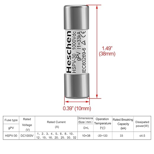 Heschen Solar DC1000V PV Fuse, Photovoltaic Fuses, gPV Type Fuse Link, HSPV-30, 10 * 38mm, 5A 1000VDC, I1 33kA, for Solar PV System Protection, 10PCS