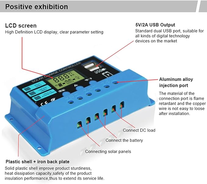 Peidesi PWM 30A Solar Charge Controller 12V 24V PV Regulator for Lifepo4 Lithium Gel Lead Acid for 100W 200W 300W Solar Panel LCD Display Dual USB 5V Output PDS-12V30A-CON