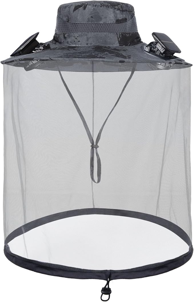Solar Fan Hat with Mosquito Net, Wide Brim Sun Hat with 2 Solar Powered Fans, Fishing Hat with Solar Fans for Men Women
