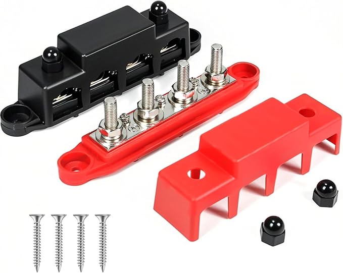 250A 12V BusBar 3/8" Power Distribution Block 4 Studs Junction Block Automotive Marine Battery Busbar Terminal Block with Cover 12 Volt Negative&Positive