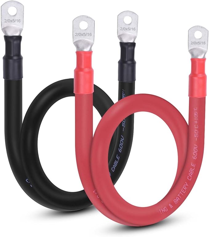 2/0 AWG Flexible Battery Cable with 5/16" Terminals - OFC Pure Copper Inverter & Welding Wire for Automotive Solar RV Motorcycle (Red + Black 2FT Pair)