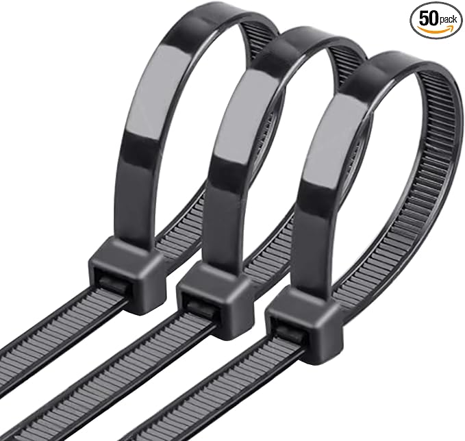 Heavy Duty Cable Ties 24 Inch 50 Pack, UV Resistant Outdoor Zip Ties with 200 lbs Tensile Strength, Self-Locking Black Nylon Ties for Indoor Outdoor Electrical Wiring, Gardening QCSJALM