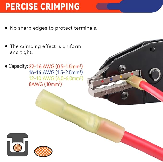 Heat Shrink Connectors Crimping Tool - Ratcheting Wire Crimper - AWG 22-8 (0.5-8.0mm²) - Electrical Crimping Tool