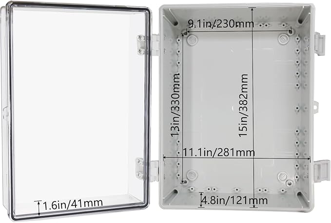 Waterproof Outdoor Electrical Box Junction Box Weatherproof IP67 ABS Plastic Enclosure Switch Router Project Box with Mounting Plate with Wall Bracket 2 Cable Glands Clear 15.74" x 11.81" x 6.7"