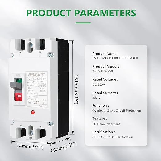 WENGART DC MCCB 500VDC WGM1PV-250,250Amp Solar PV Disconnect Switch,2P Heavy Duty Molded Case Breaker with Arc Chutes for Solar Energy Systems,ESS & Battery Protection