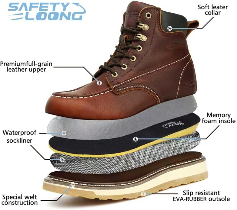 Moc Toe Work Boots for Men Waterproof Soft/Steel Toe Comfortable Full Grain Leather Non Slip Wedge Outsole Construction 6" Workboots