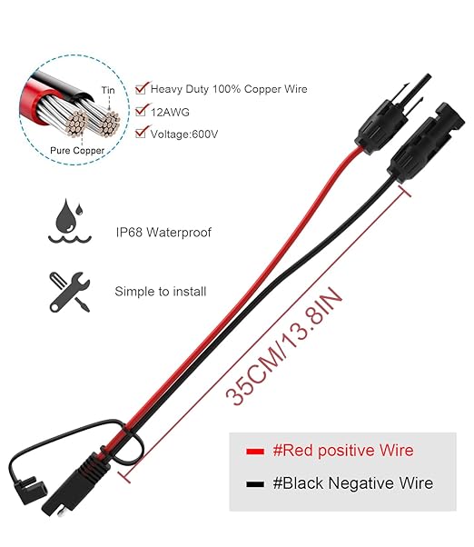 BERLAT Solar Extension Cable - 10AWG, 30cm with 2 SAE Polarity Reverse Adapters