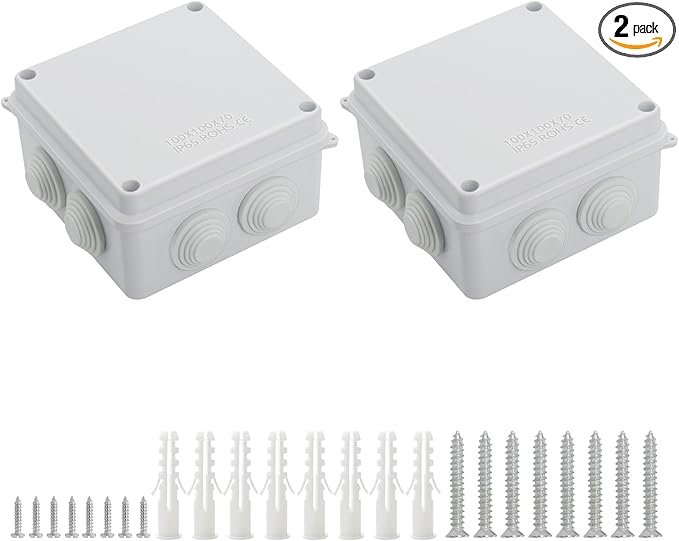 LeMotech ABS Plastic Dustproof Waterproof IP65 Junction Box Universal Electrical Project Enclosure White 3.9 x 3.9 x 2.8 inch (100 x 100 x 70 mm)(Pack of 2)