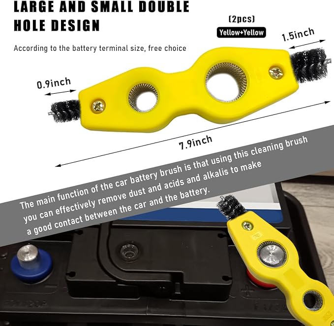 Car Battery Terminal Cleaning Brush, 4 in 1 Steel Wire Brush for Battery Terminal Cleaning, Anti-Corrosion Auto Machine Part Battery Terminal Cleaning Tool, Car Accessories (Yellow 2 PCS)