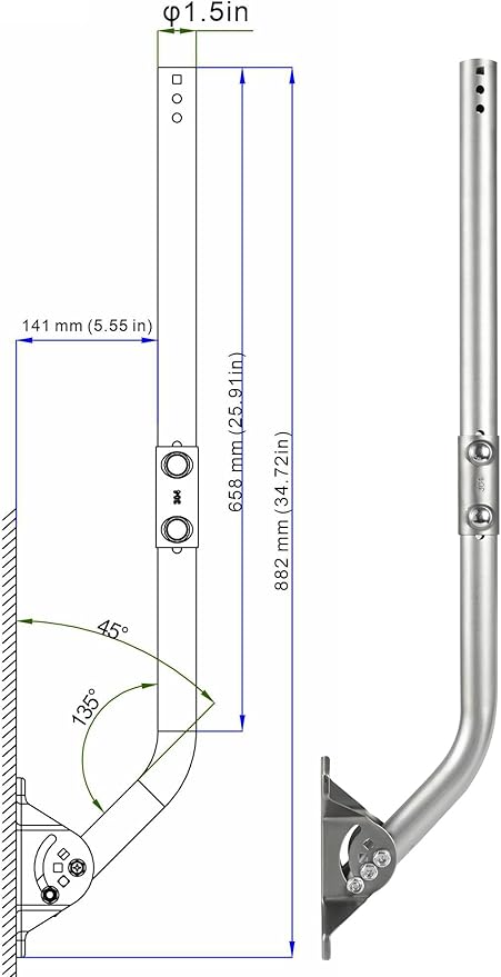 CEKAY Stainless Steel Antenna Mount (1.5" x 35"), Heavy-Duty Adjustable J-Pole Mast for TV Antenna, Starlink, Satellite Dish, or Weather Station, Universal Wall, Eave & Roof Mounting Bracket