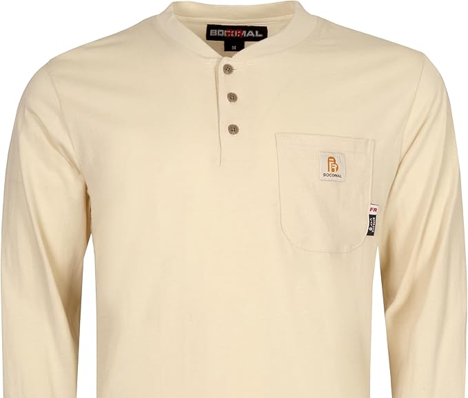 BOCOMAL FR Shirts 6oz Lightweight Flame Resistant Long Sleeve Henley Shirt Fire Retardant Workwear NFPA2112 CAT2