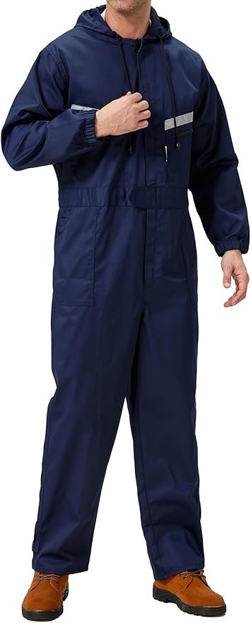 Mens Work Coveralls Mechanic Hooded Overall Workwear Jumpsuits Long Sleeve Hi Viz Coverall with Zippers