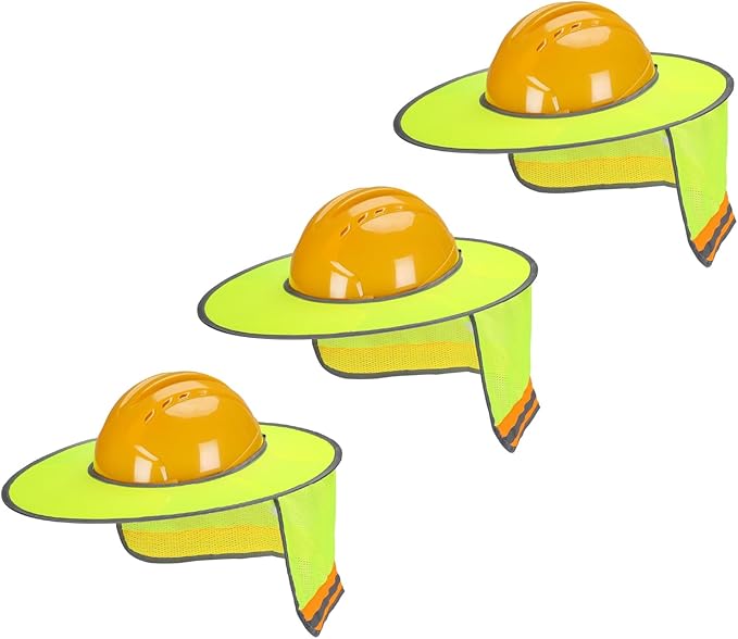 UNCO Industrial Hard Hat Sun Shield, 3 Pack, Yellow, Mesh Sunshade, Reflective, Snap Closure, Hard Hat Accessory
