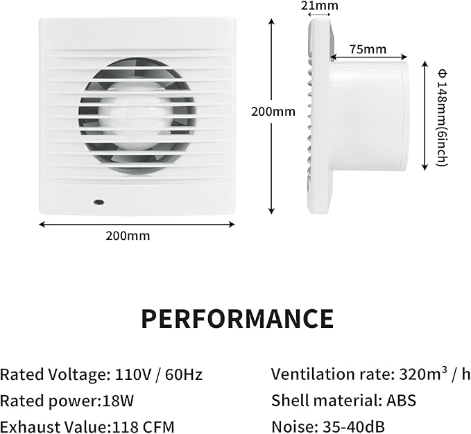 HUGOOME Exhaust Fan 188 CFM, 18W 320m³/h Ventilation Extractor with Anti-backflow Check Valve Chain Switch, Window and Wall Mount Vent Fans for Kitchen Bathroom Greenhouse Garage (6 inch / 110V)