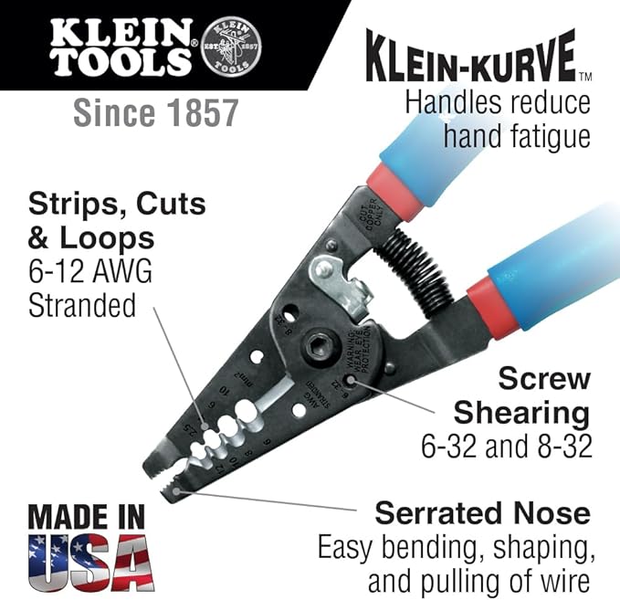 Klein Tools 11053 Klein-Kurve Wire Stripper and Cutter, Made in USA, Stripping / Cutting Tool for 6-12 AWG Stranded Wire, 7-1/8-Inch