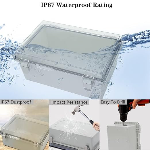 Zulkit Junction Box ABS Plastic Dustproof Waterproof IP67 Electrical Boxes Hinged Shell Outdoor Universal Project Enclosure Grey Clear Cover, Stainless Steel Buckles 10.2 x 6.3 x 3.9 Inch
