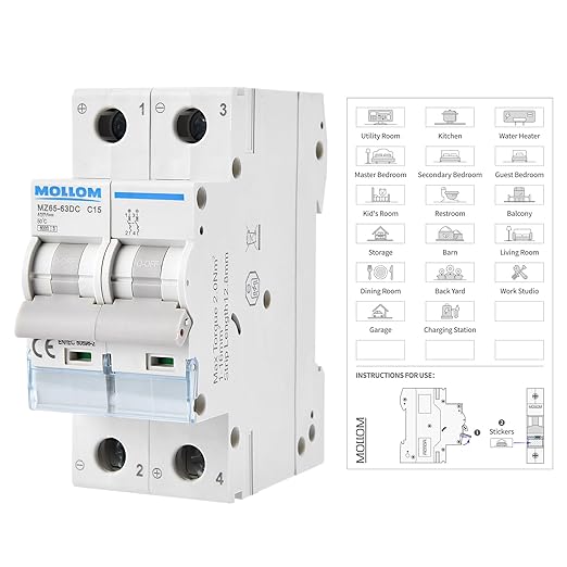 MOLLOM DC 2 Pole Miniature Circuit Breaker,400V 15A, C15 Scene Visualization Custom MCB Thermal Magnetic Trip, 6KA Breaking Capacity DC Disconnect Switch for Solar PV System