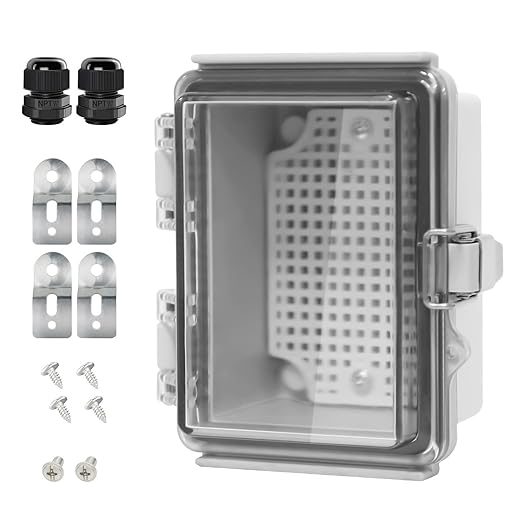 LeMotech Electrical Box, IP67 Waterproof Hinged Clear Cover Stainless Steel Latch Junction Box, ABS Plastic Electrical Enclosure with Mounting Plate,Wall Brackets, Cable Glands,4.7"x3.5"x2.7",Grey