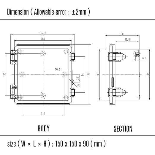 LeMotech Electrical Box, IP67 Waterproof Hinged Cover Stainless Steel Latch Junction Box, ABS Plastic Electrical Enclosure with Mounting Plate,Wall Brackets, Cable Glands,5.9"x5.9"x3.5",Grey