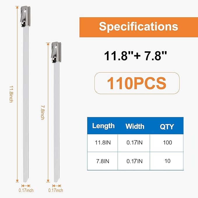 110PCS Metal Zip Ties, 11.8IN +7.8IN Stainless Steel Zip Ties Heavy Duty for Outdoor, Heat Resistant Cable Tie Buckle for Chain Link Fence, Exhaust Wrap, Pipe, Electrical Wiring, 2026 New