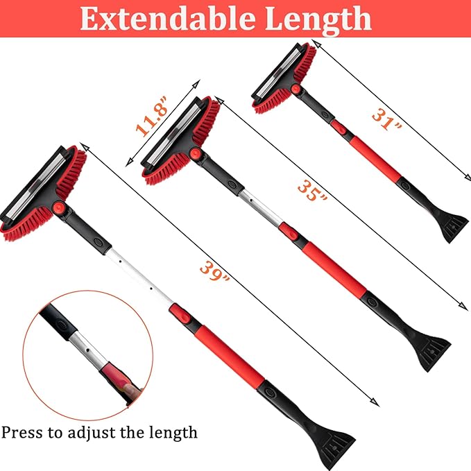 Car Snow Brush Ice Scraper Remover with Squeegee 39inch Long Handle Extendable Snow Removal Tool Windshield Snow Scrapers Removal Shovel for Ice and Snow Red Color