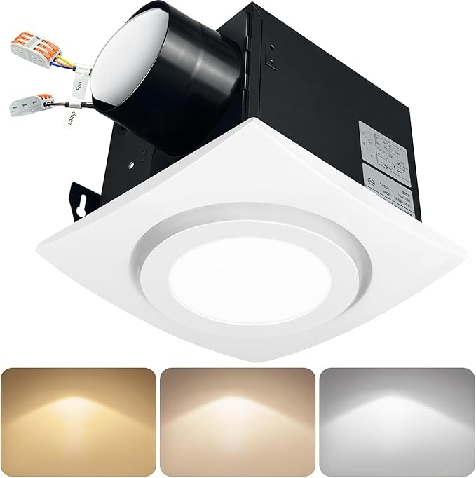 Bathroom Exhaust Fan with Light 88CFM 1.0 Sone, Quiet 28W Bath Shower Fan 3CCT Color LED Light Adjustable 8 x 8 inch Extractor Vent for Bathroom White