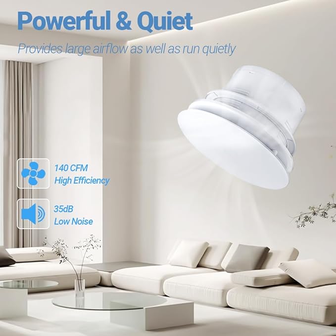 WiseWater Bathroom Round Exhaust Fan, 110V ac 140CFM 6'' Duct 8.3" Panel ABS Vent Fan Wall-mounted Extractor Fan with Accessories for Bathroom, Laundry Room, Office