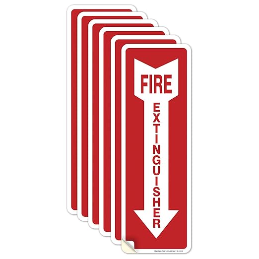 (6 Pack) Fire Extinguisher Sign 4 X 12" 4 Mil Sleek Vinyl Decal Stickers Weather Resistant Long Lasting UV Protected and Waterproof Made in USA