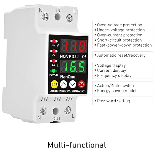 100-240V Universal Adjustable Over Under Voltage and Current Protector Automatic Recovery 80-300Volt 1-63Amp 40-70Hz Self Reset Electrical V A Display AC DC Power Meter Single Phase (63A)