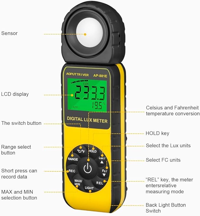 Digital Illuminance Light Meter,0.01~300,000 Measurement Range Lux Meter Foot Candles Luxmeter with 270º Rotated Sensor for Indoor Outdoor Light Meters for Plants (AP-881E)