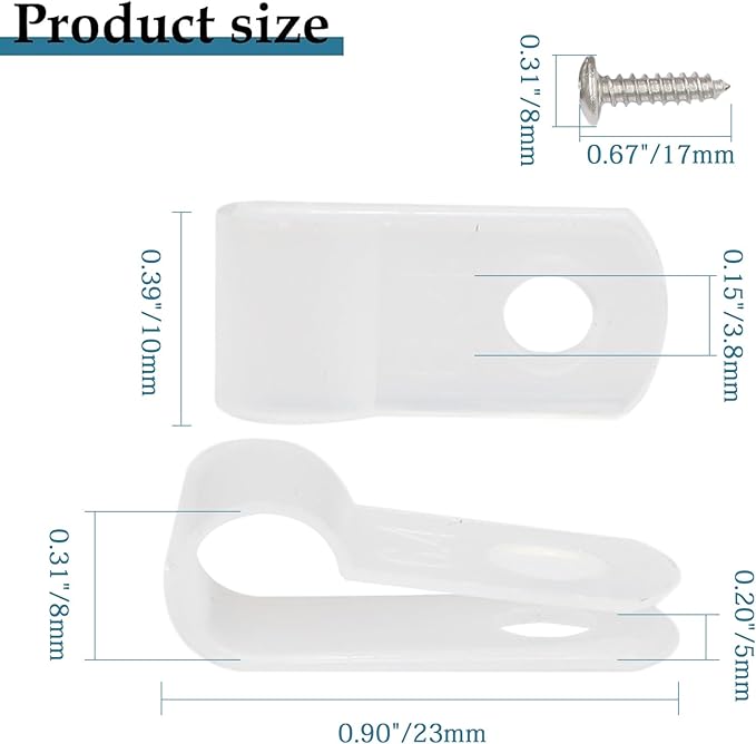 50 Pcs 1/4 Inch White Nylon Screw Mounting R-type Cable Clip Wire Clamp, 6.4mm Cable Clip Wire Clamp for Wire Management, Stainless Steel Screws Includedc