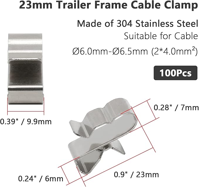 100Pcs Trailer Frame Wire Clips, 23mm Length Solar Panel Wire Clips, 304 Stainless Steel Cable Clamps Double-Wire Clips for PV Wiring Boat Cable