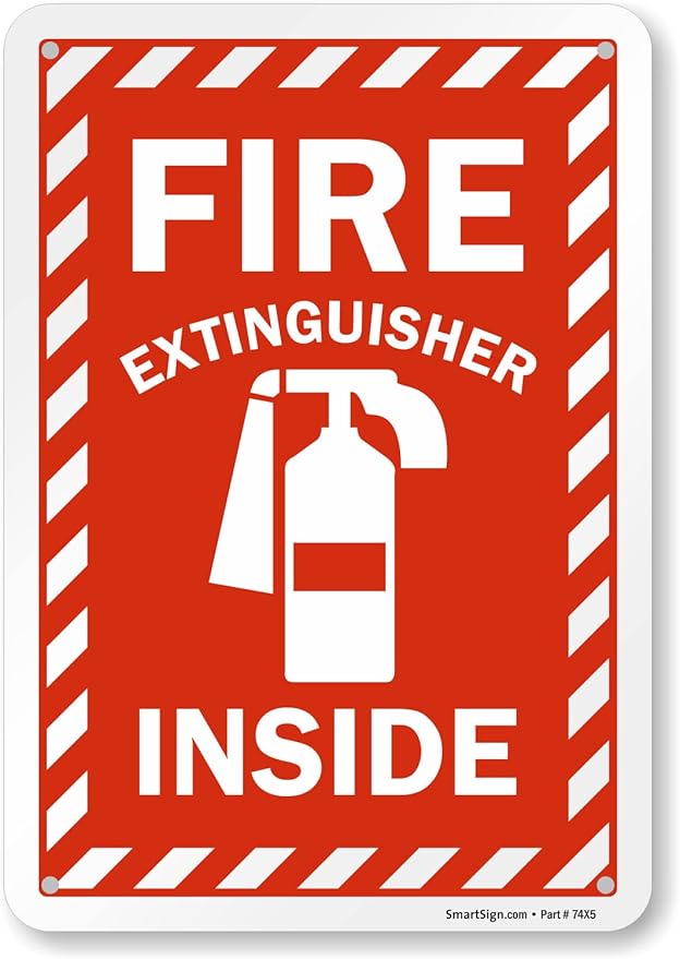 SmartSign 10 x 7 inch “Fire Extinguisher Inside” Metal Sign with Pre-cleared Holes, 40 mil Laminated Rustproof Aluminum, Red and white, Made in USA