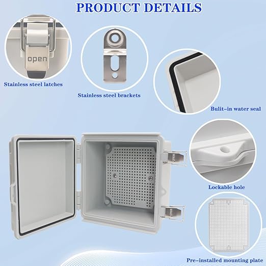 Waterproof Electrical Box, IP67 Junction Box Stainless Steel Latch Hinged Grey Cover Project Enclosure with Wall Bracket 5.9"x5.9"x3.5"