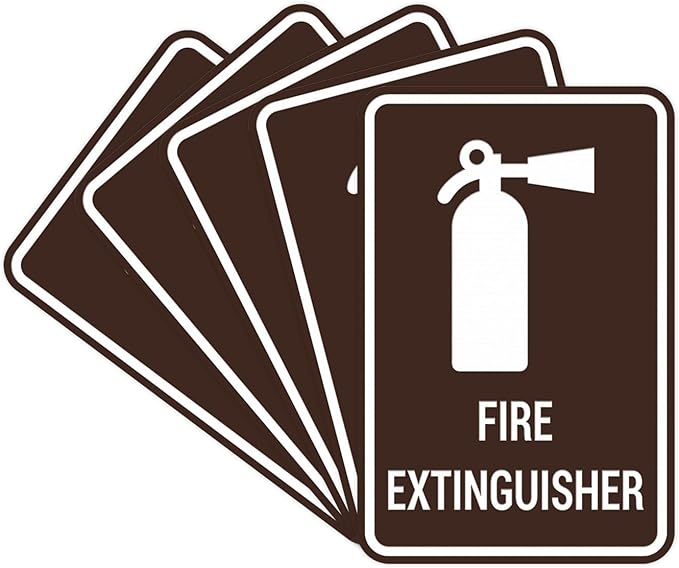 Signs ByLITA Portrait Round Fire Extinguisher Sign with Adhesive Tape, Mounts On Any Flat Surface (Dark Brown) - Medium (5 Pack)