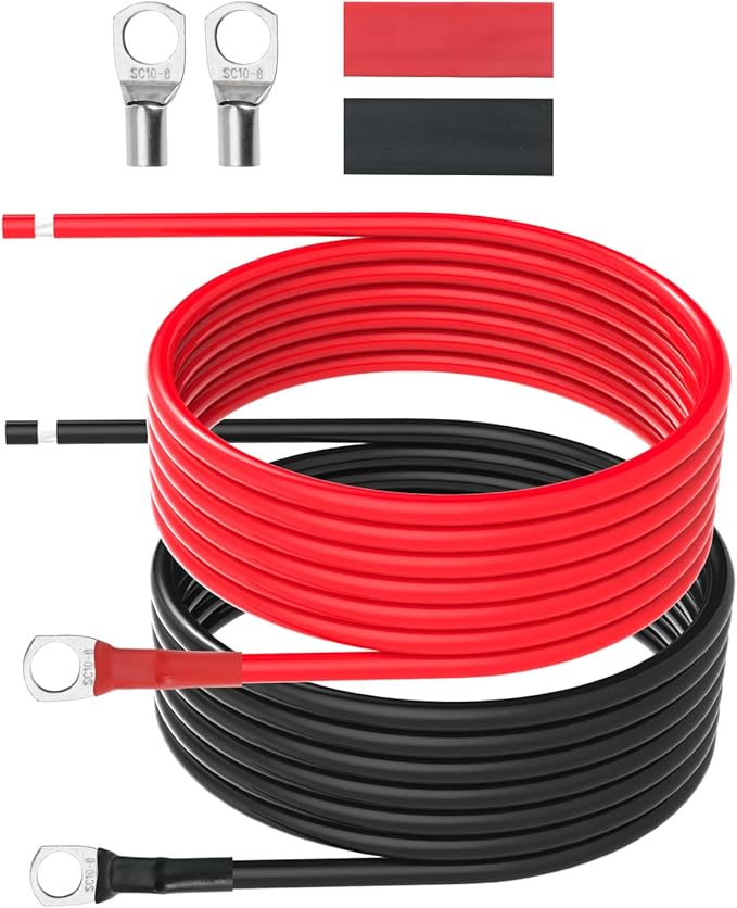 10 AWG Battery Cables 10 Gauge Solar Panel Wire Tinned Copper Extension Cable with 5/16'' Lugs for RV Solar Panel Car Automotive (10AWG 10FT)