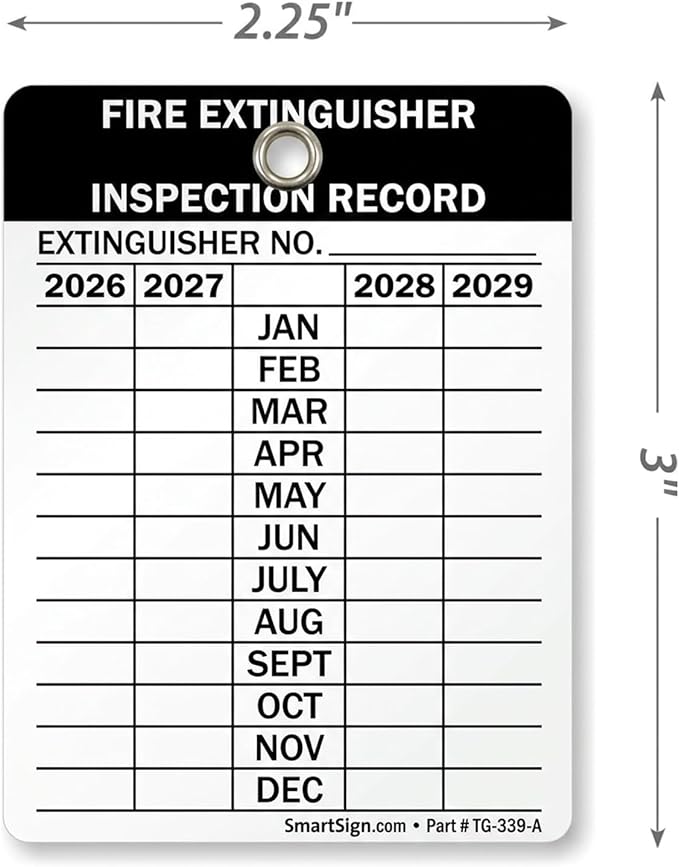 SmartSign Fire Extinguisher Tags, Record 4-Year Maintenance & Inspection Tag, 3 x 2.25 Inches Heavy Duty Aluminum, Pack of 10