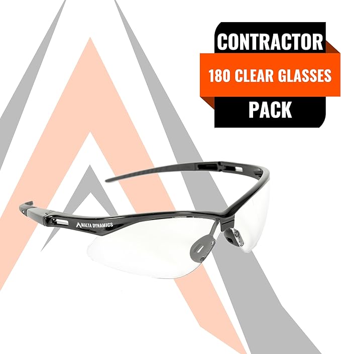Malta Dynamics APEX Safety Glasses – Anti Scratch and Anti Fog Protection, Construction Safety Glasses for Men and Women, ISEA & ANSI Z87 Compliant (Clear, 180 Pairs)