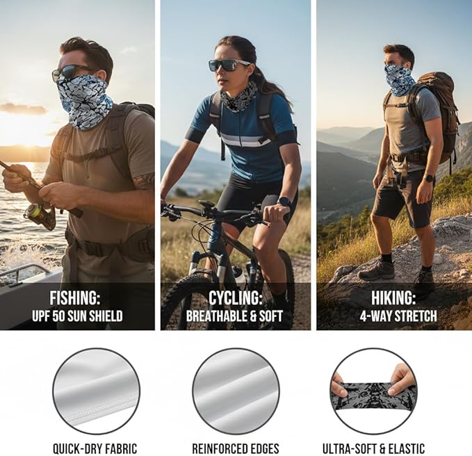 UPF 50 Sun Protection Neck Gaiter - 13-in-1 Multifunctional Face Cover for Hiking, Fishing, Cycling
