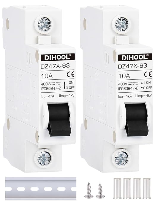 DIHOOL AC/DC Miniature Circuit Breakers, 2 Pack, Single Pole 10 Amp, 12V 24V 48V 400V, Non Polarized, Solar Disconnect Switch, DIN Rail Mount, RV Battery Isolator, PV Array MCB, Thermal Magnetic Trip