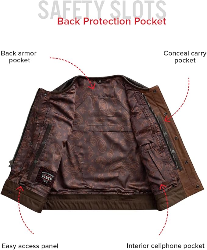 First Mfg Co - Lowside - Mens Motorcycle Biker Riding Canvas, Leather, Twill, Perforated Leather Vest